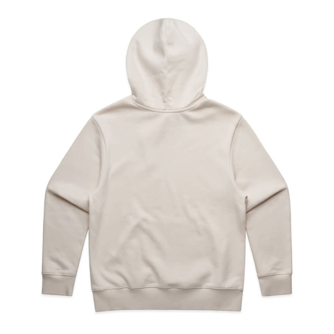 A beige hoodie with a hood, featuring a plain back design and long sleeves. It has a logo present.