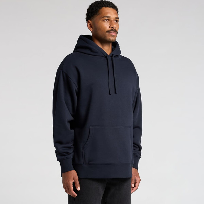 A navy blue hoodie with a front pocket and a large hood appears on a model. It features a logo on the chest.