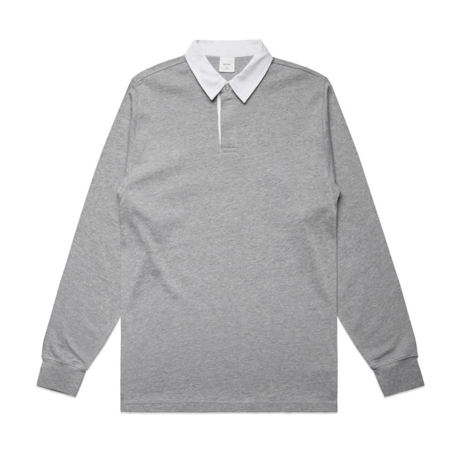 A grey long-sleeve rugby jersey with a white collar and a logo.