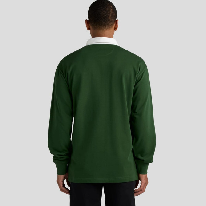 A green rugby jersey featuring a white collar, showcasing a plain back view with long sleeves.
