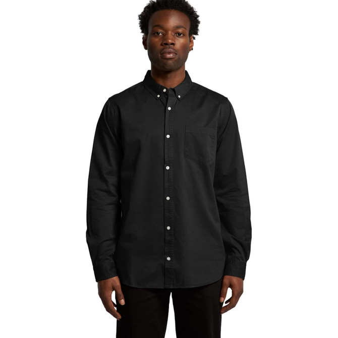A black button-up denim wash shirt with a collar and long sleeves, featuring a single chest pocket.