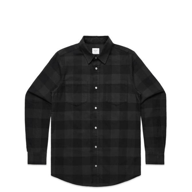 A button-up check shirt in black with a plaid pattern, featuring long sleeves and two chest pockets.