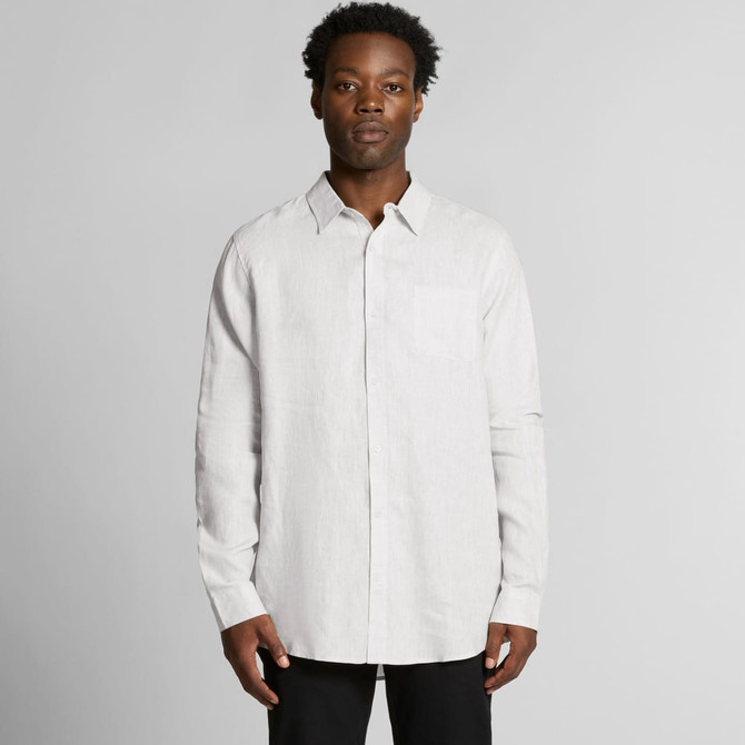 A linen button-up shirt in light grey, featuring a single chest pocket and a classic collar. Has branding visible.