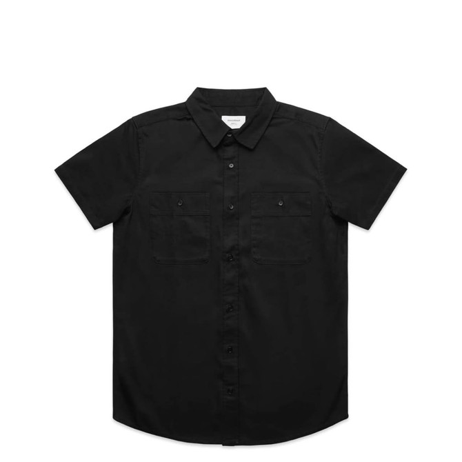 A black short-sleeved work shirt featuring two chest pockets and a button-up front. It includes a logo.