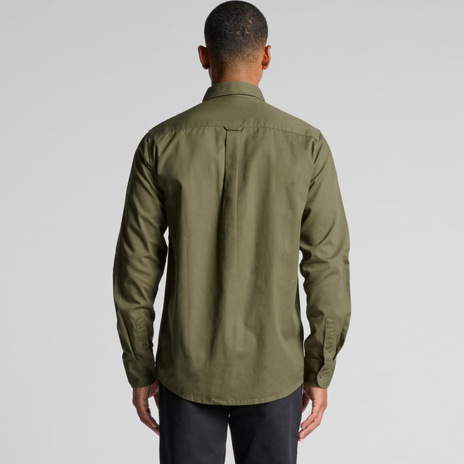 A green work shirt viewed from the back, featuring a collar and long sleeves, with a logo present.