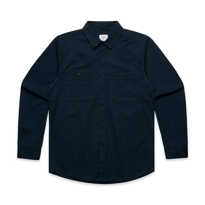 A navy work shirt with a button-down collar and two chest pockets, featuring a logo.