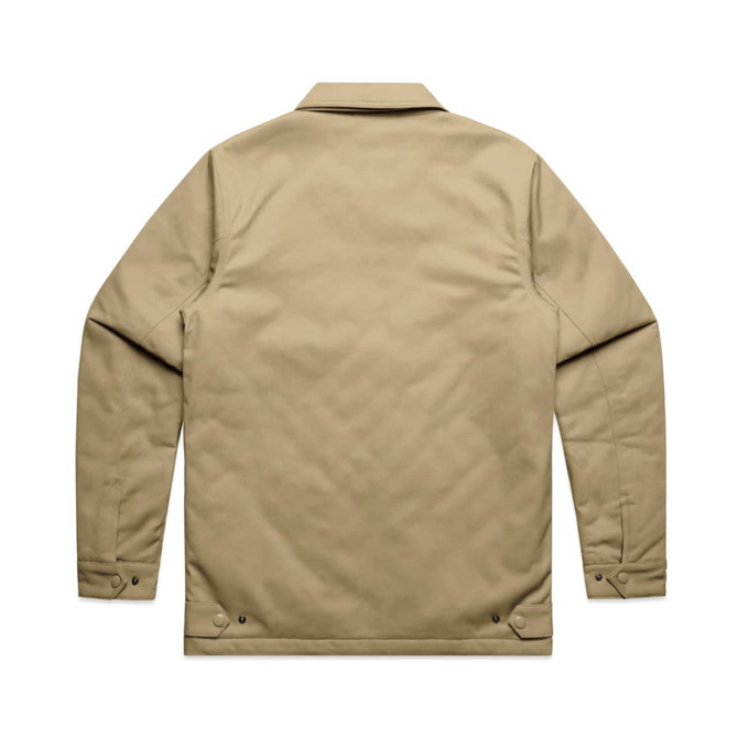 A tan service jacket with long sleeves and a collar, featuring buttons and a logo on the back.
