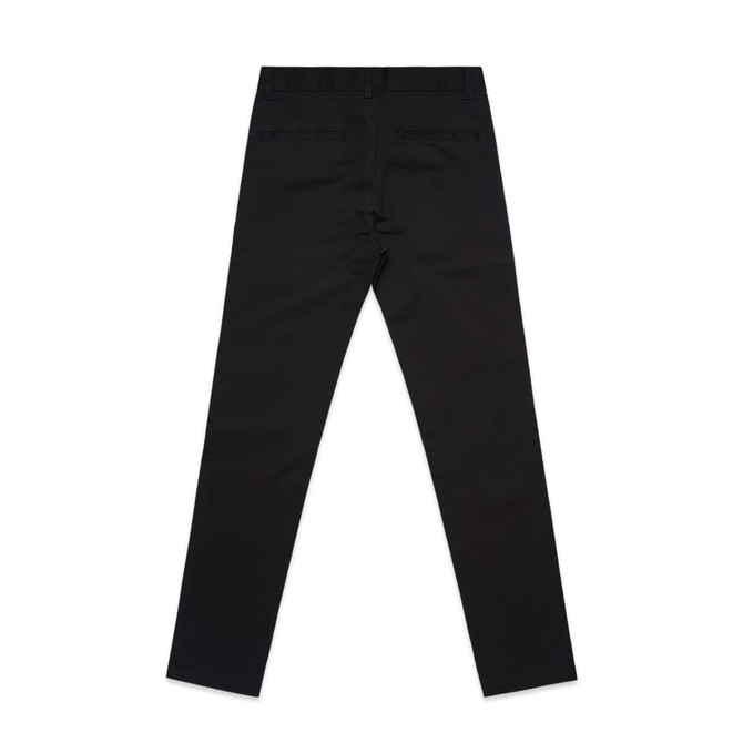 Black slacks with a slim fit, featuring back pockets and a waistband. Includes a logo on the back.