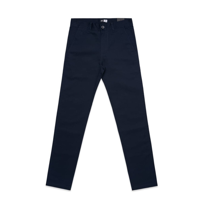 Navy blue slacks with a fitted design, featuring pockets and a waistband with a logo.