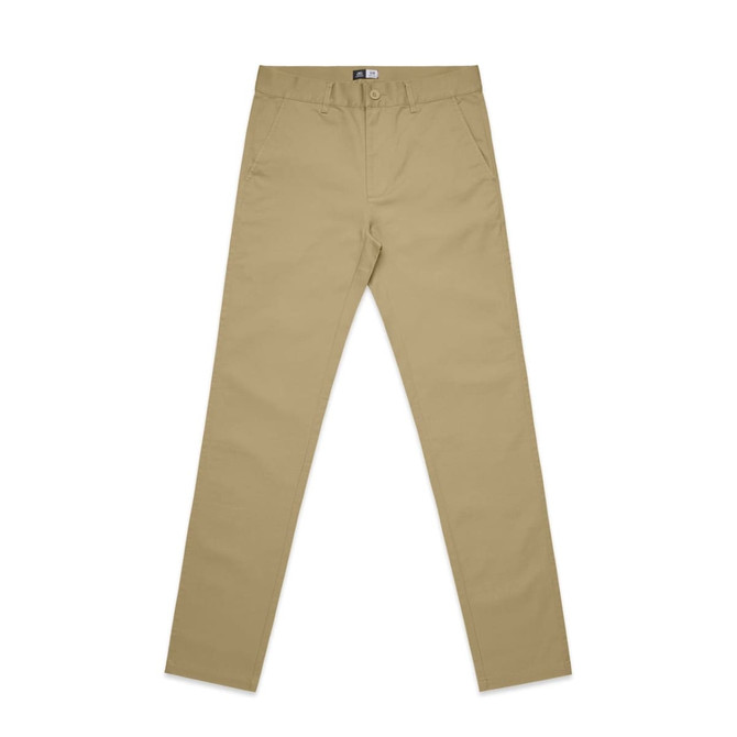 Tan slacks featuring a straight-leg design with front pockets and a logo on the waistband.