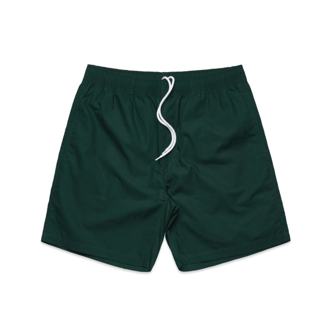 A pair of 17-inch beach shorts in dark green, featuring an elastic waistband and a drawstring.