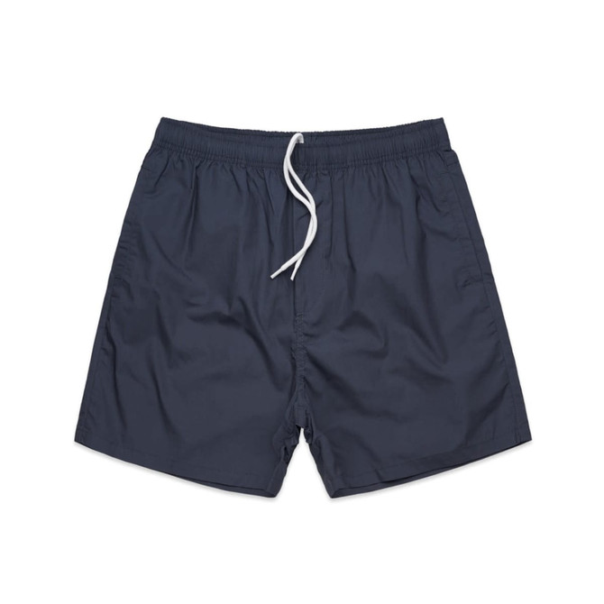 Navy blue beach shorts with an elastic waistband and drawstring, featuring side pockets and a minimalist design.