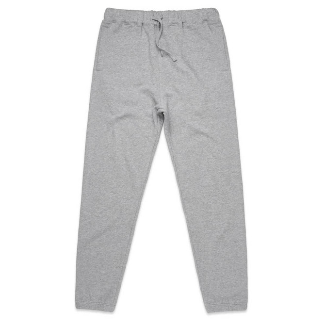 A pair of grey track pants with an elastic waistband and side pockets. The pants have a simple design and logo.