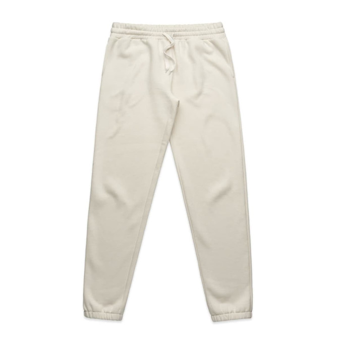 Light cream track pants with an elastic waistband and cuffs, featuring a small logo.