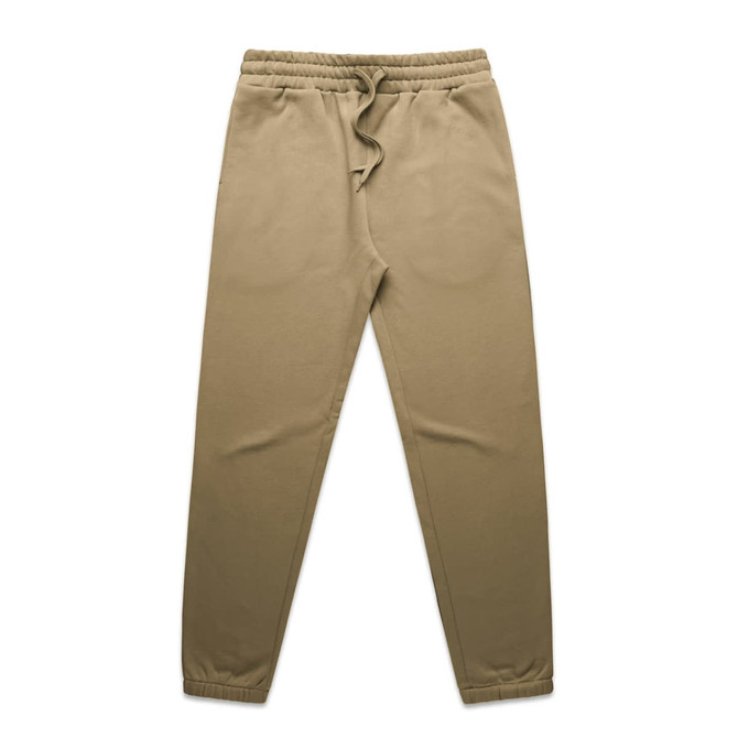 A pair of beige track pants with an elastic waistband and cuffs, featuring a drawstring and a logo.