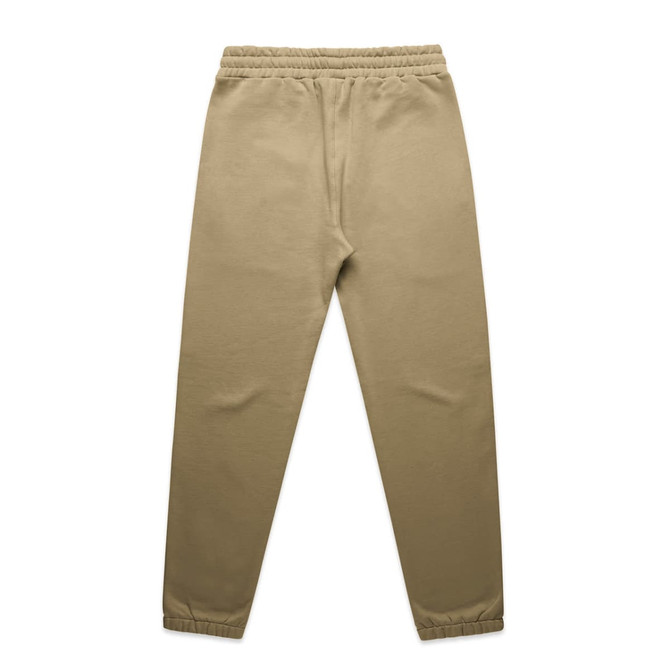 Tan track pants with an elastic waistband and cuffs, featuring a simple design and branding.