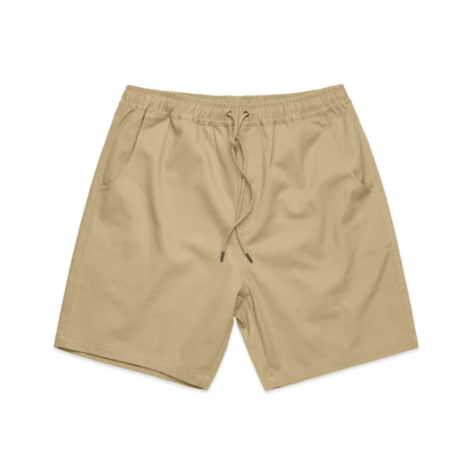 Beige walk shorts with an elastic waistband and drawstring, featuring side pockets and a logo.