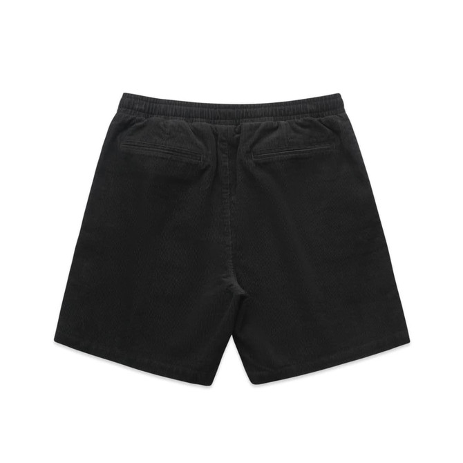 Black cord shorts with an elastic waistband and two back pockets, featuring a logo on the waistband.