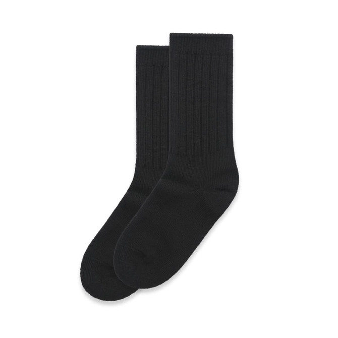 Two pairs of black knit socks with ribbed design. The product includes a logo on one of the socks.
