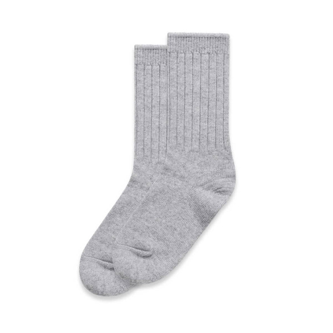 A pair of grey knit socks with ribbed detailing, displayed side by side.