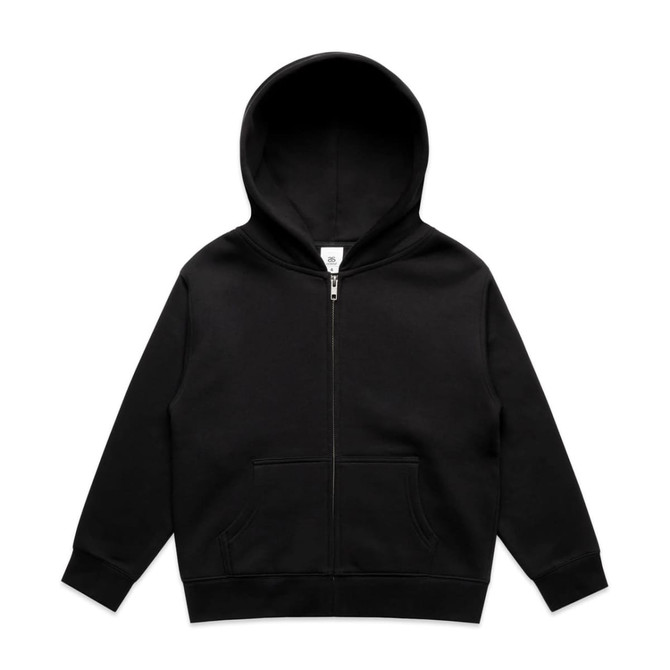 A black zip hoodie for kids with a hood and front pockets, featuring a logo on the label.