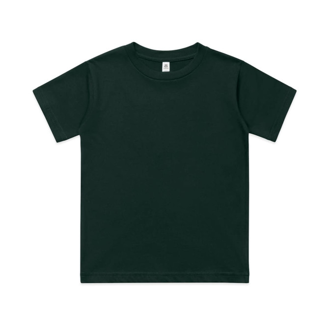 A green youth classic tee with a crew neckline and short sleeves. The shirt features a logo on the label.
