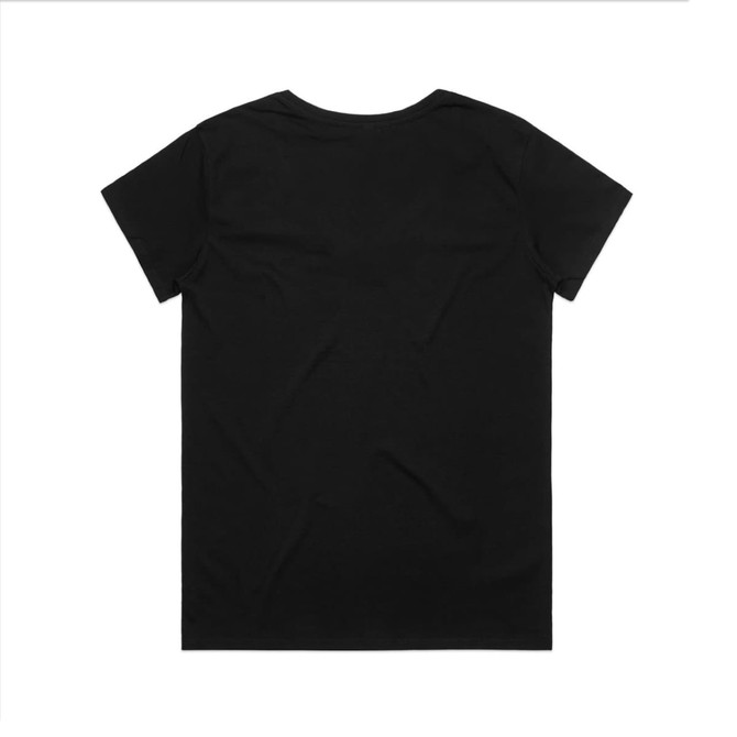 A black T-shirt with a V-neck design, featuring a simple and clean style. The back view shows no visible logos.