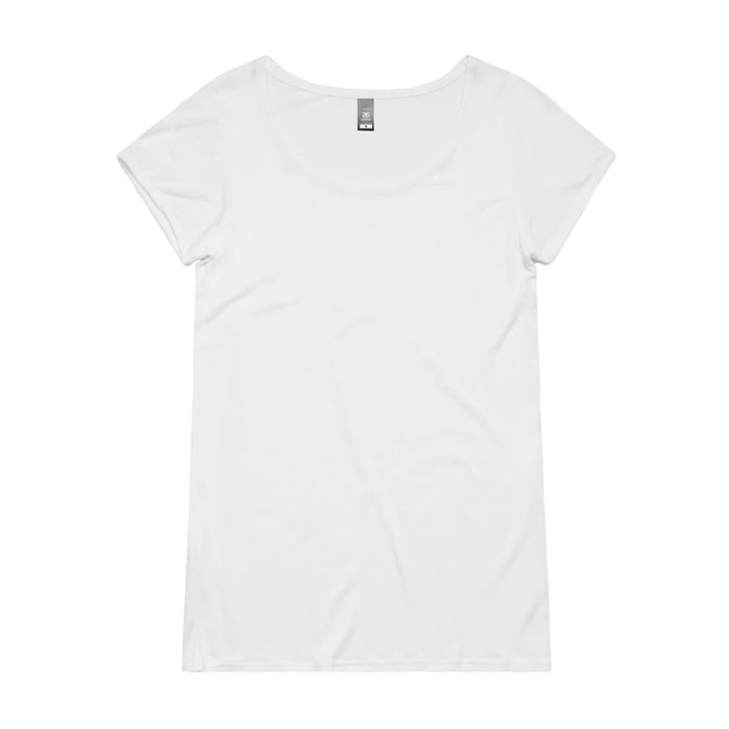 A white T-shirt with a scoop neckline and short sleeves, featuring a logo on the label.