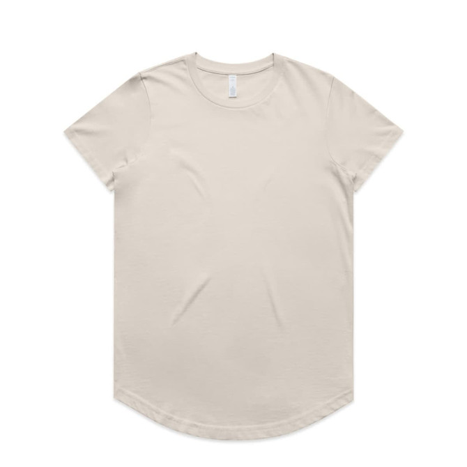 A light beige t-shirt with a rounded neckline and short sleeves. It features a logo.