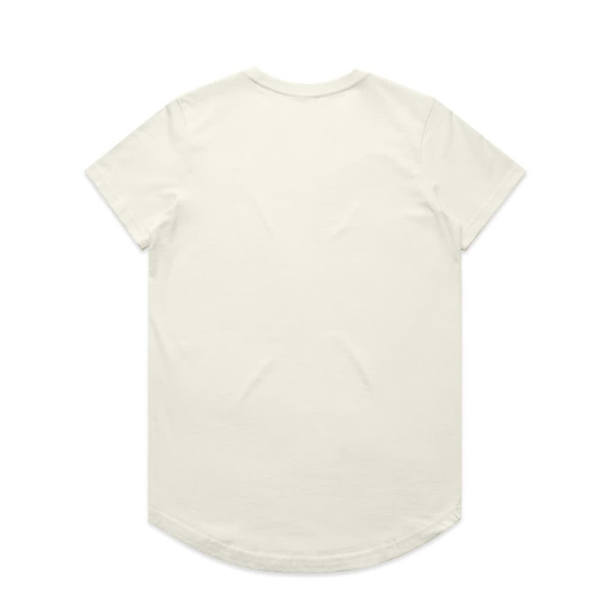A plain cream T-shirt featuring a rounded hem and short sleeves, displaying a logo on the back.