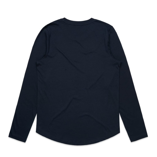A long-sleeve tee in black with a rounded hem and a simple back design. Feature includes a logo.