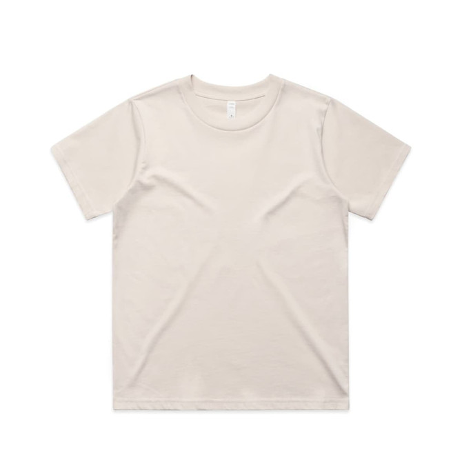 A beige T-shirt featuring a simple design and a branding logo on the label.