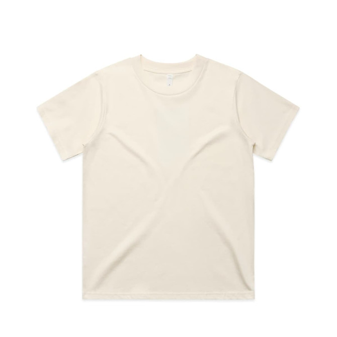 A plain cream-coloured t-shirt with short sleeves, featuring a subtle logo on the fabric.