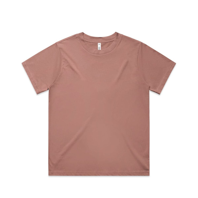 A short-sleeved, dusty rose T-shirt with a plain design and a logo on the label.