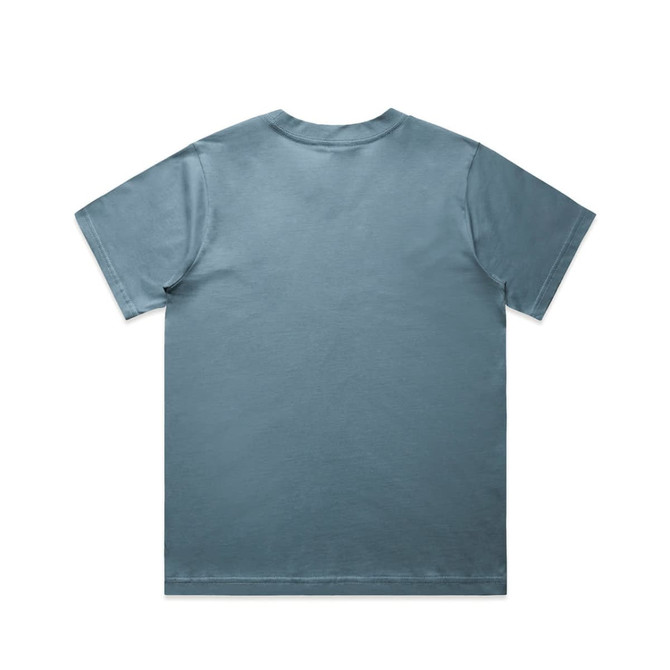 A short-sleeved, blue T-shirt with a plain back and a logo on the label. Suitable for casual wear.