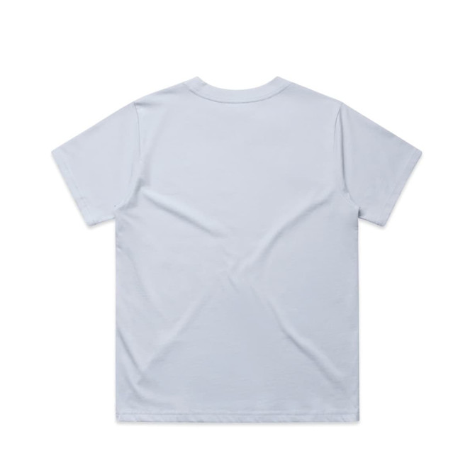 A plain light blue t-shirt featuring short sleeves and a round neck with a logo.