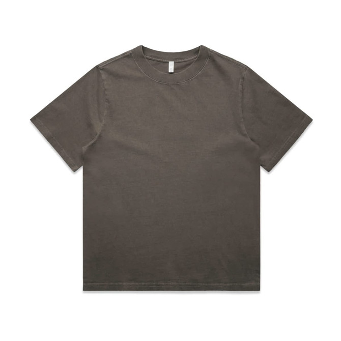 A heavy faded T-shirt in a muted brown colour, featuring short sleeves and a crew neckline. It has a logo tag.