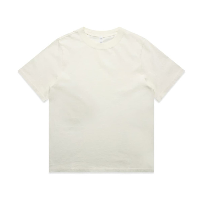 A heavy faded tee in a light cream colour, featuring a simple design and a logo on the label.