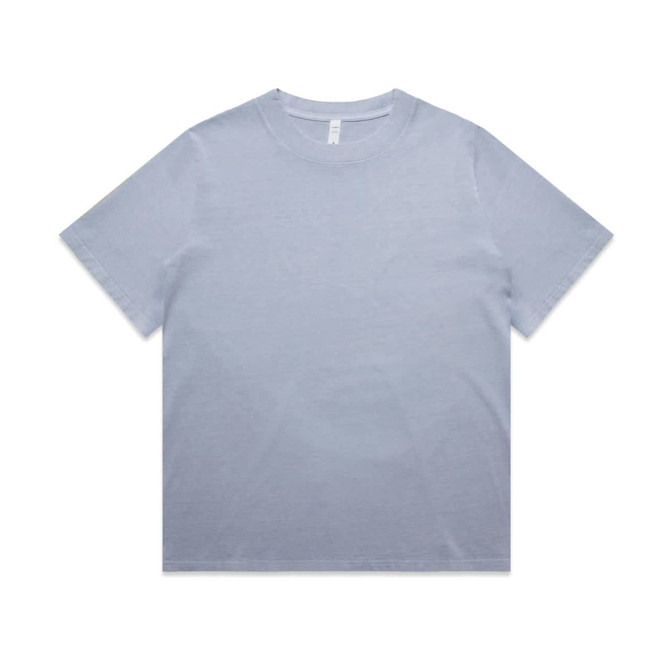 A light blue, heavy faded T-shirt featuring a classic crew neck design and a branding label.