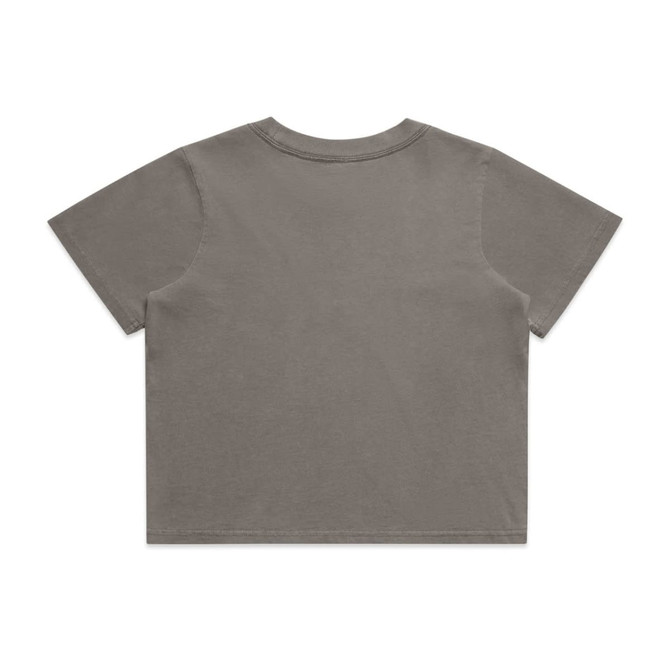 A cropped, faded t-shirt in olive green with a simple, unadorned back. It features a branding logo.
