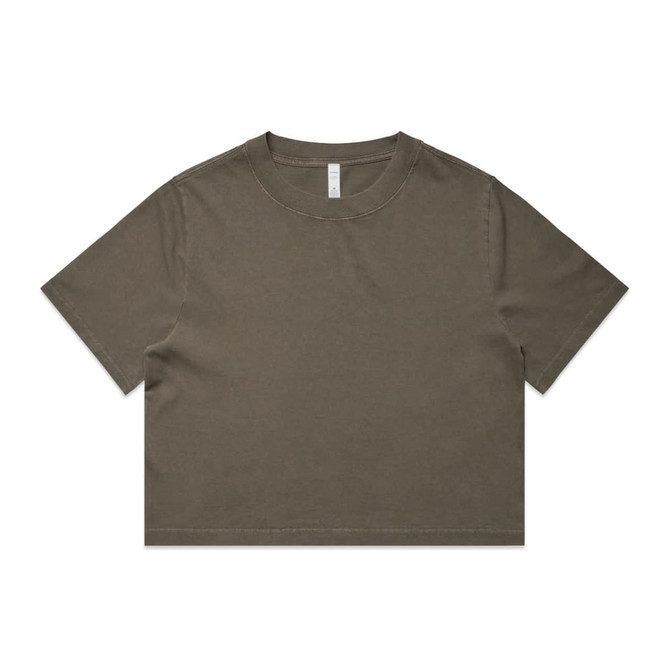 An olive green heavy faded crop tee with a round neckline and short sleeves, featuring a logo.
