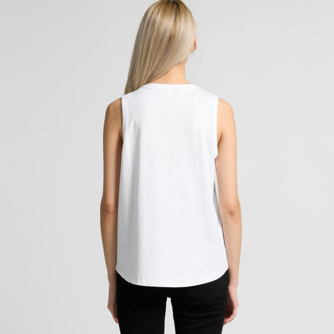 A white singlet tank top with a rounded hem and no sleeves, featuring a branding logo on the back.