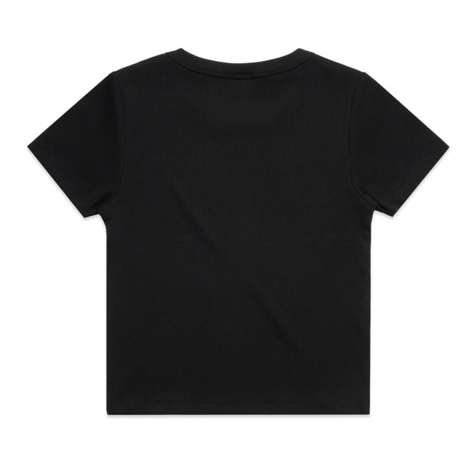 A black organic rib tee with short sleeves and a round neckline. It features a logo on the back.