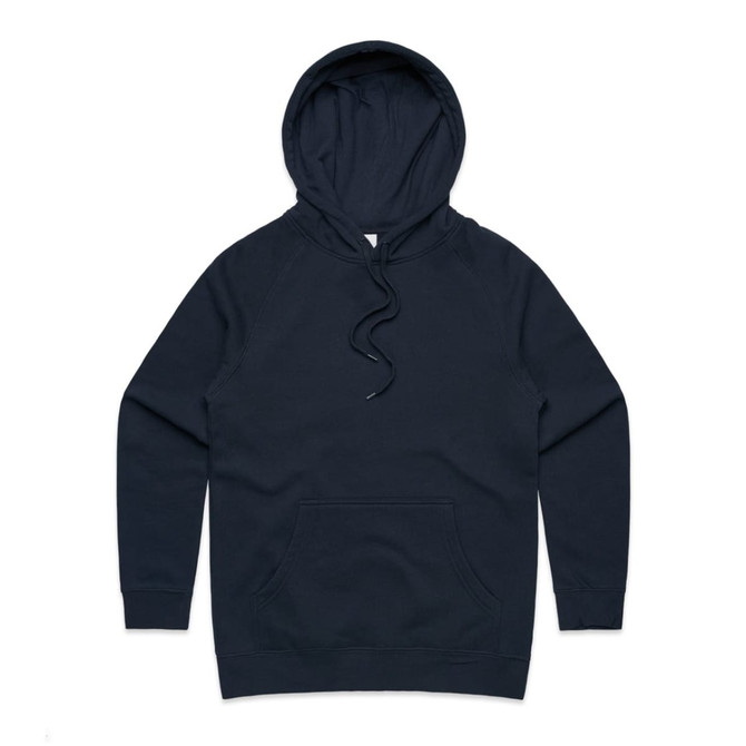 A dark navy hoodie featuring a front pocket and a drawstring hood. It has a branding logo.