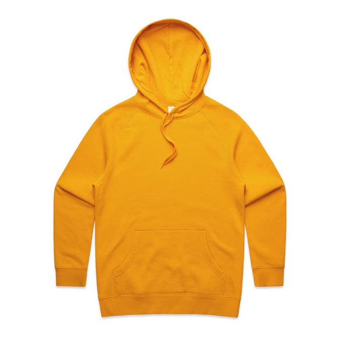 A bright yellow hoodie with a spacious front pocket and an adjustable drawstring hood. It features a logo.