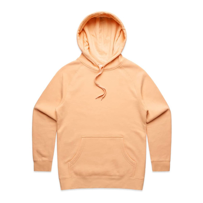 A peach-coloured hoodie with a kangaroo pocket and a drawstring hood, featuring a logo.