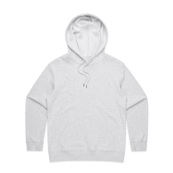 A light grey hoodie featuring a kangaroo pocket and a drawstring hood. It has a logo on the front.