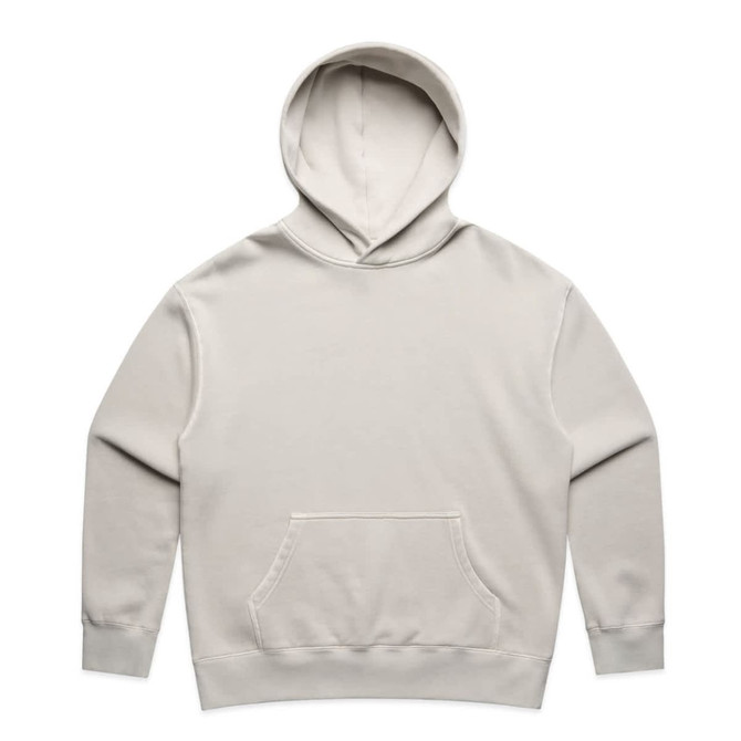 A light grey hoodie with a front pocket and a hood, featuring a brand logo.