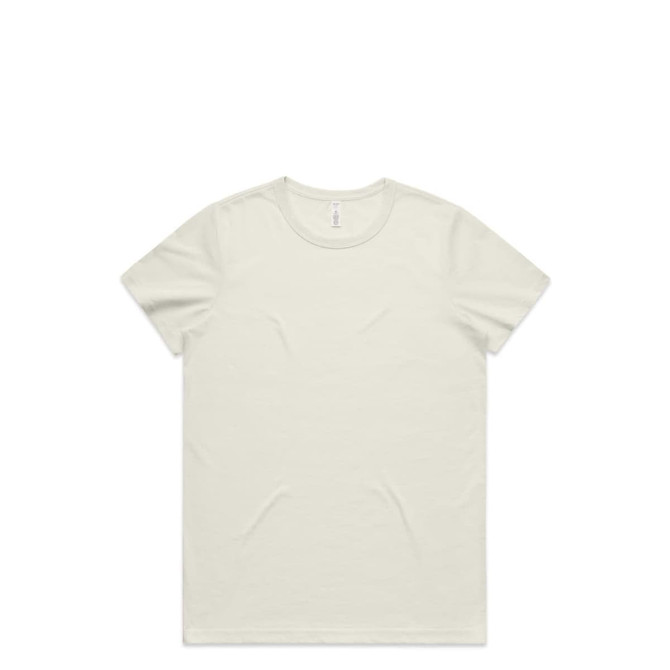 A light cream T-shirt with a classic crew neck and short sleeves, featuring a logo on the label.