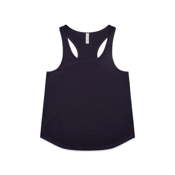 A dark purple racerback tank top featuring a rounded hem and a logo.